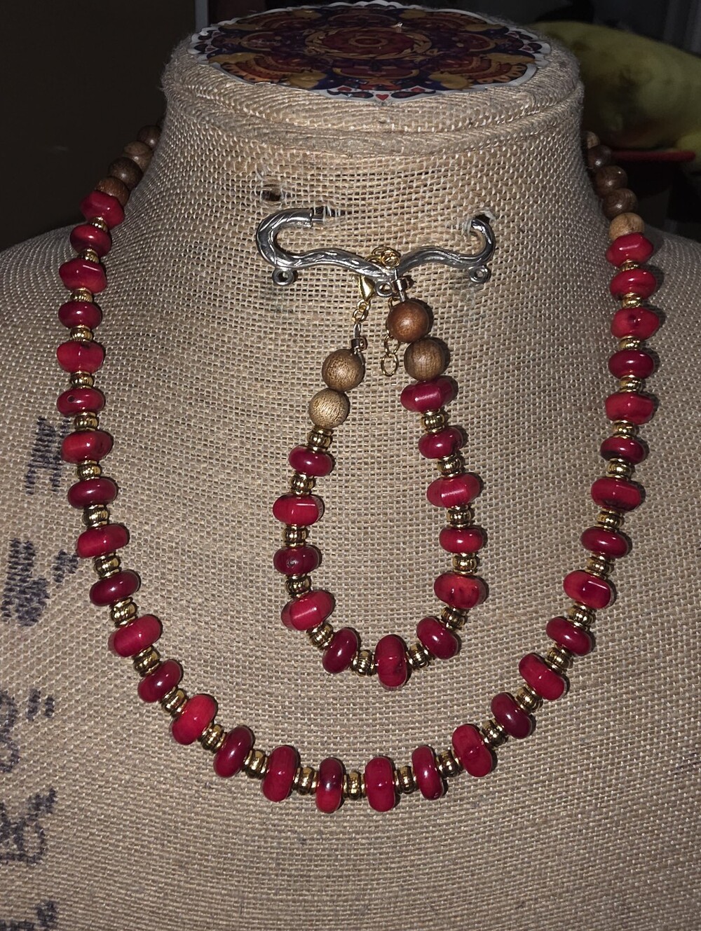 Red Bamboo Coral And Gold Tone Accents. Handmade Necklace and Earring Set